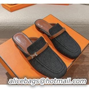 Luxury Cheap Hermes Groupie Flat Mules in Denim with H Buckle Black 123098