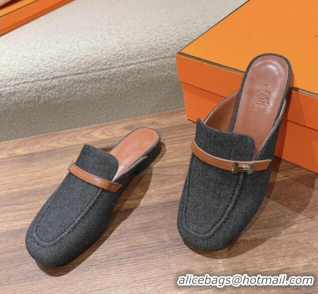 Luxury Cheap Hermes Groupie Flat Mules in Denim with H Buckle Black 123098