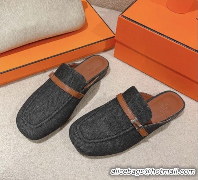 Luxury Cheap Hermes Groupie Flat Mules in Denim with H Buckle Black 123098