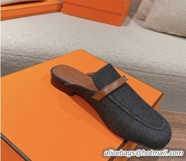 Luxury Cheap Hermes Groupie Flat Mules in Denim with H Buckle Black 123098