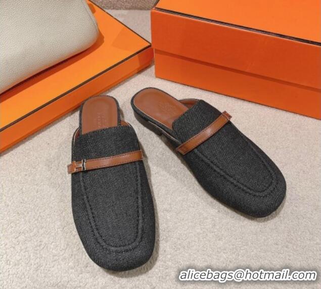 Luxury Cheap Hermes Groupie Flat Mules in Denim with H Buckle Black 123098