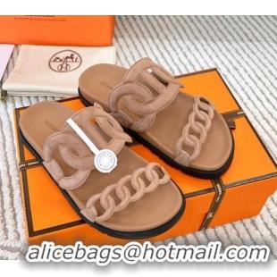 Shop Duplicate Hermes Extra Suede Chain Flat Slide Sandals Dark Beig 123099