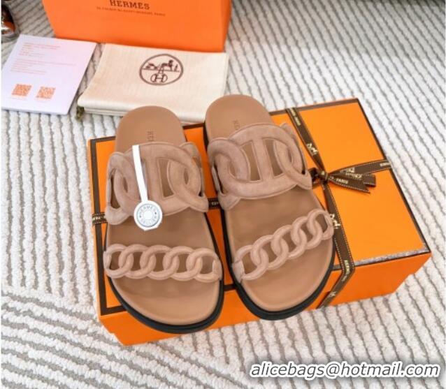 Shop Duplicate Hermes Extra Suede Chain Flat Slide Sandals Dark Beig 123099