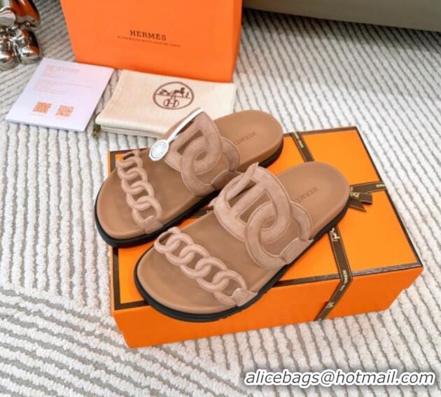 Shop Duplicate Hermes Extra Suede Chain Flat Slide Sandals Dark Beig 123099