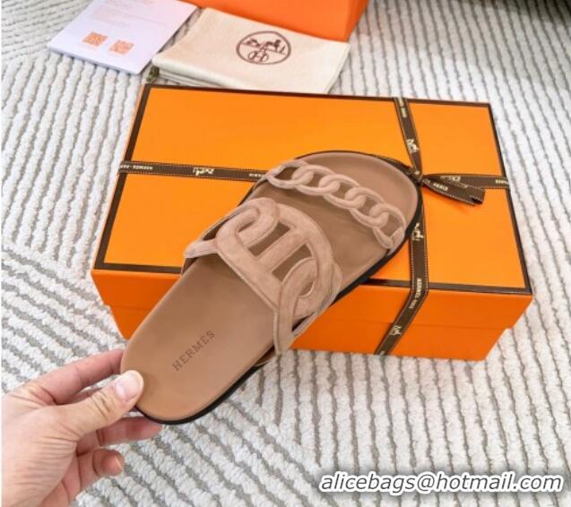 Shop Duplicate Hermes Extra Suede Chain Flat Slide Sandals Dark Beig 123099