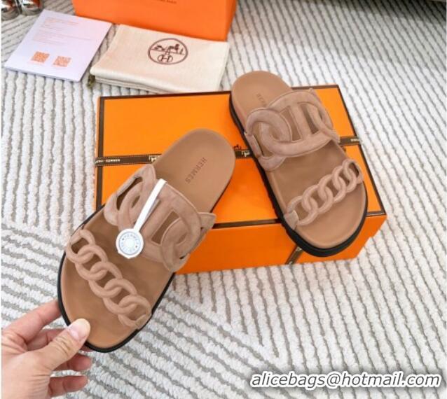 Shop Duplicate Hermes Extra Suede Chain Flat Slide Sandals Dark Beig 123099