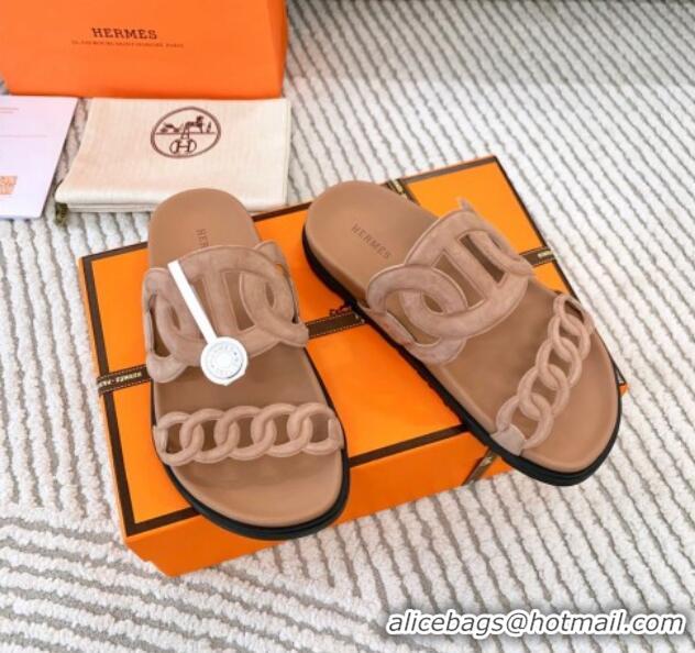 Shop Duplicate Hermes Extra Suede Chain Flat Slide Sandals Dark Beig 123099