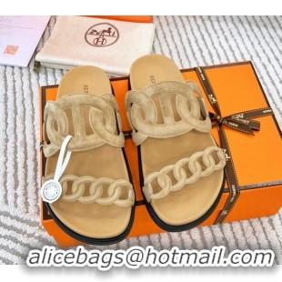 Hot Style Hermes Extra Suede Chain Flat Slide Sandals Light Beige 0123100