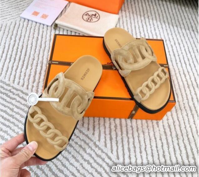 Hot Style Hermes Extra Suede Chain Flat Slide Sandals Light Beige 0123100