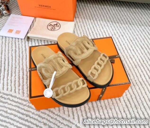 Hot Style Hermes Extra Suede Chain Flat Slide Sandals Light Beige 0123100