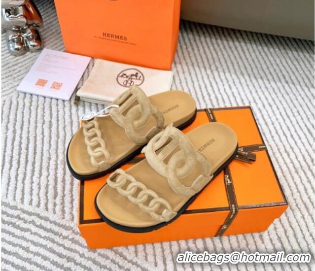 Hot Style Hermes Extra Suede Chain Flat Slide Sandals Light Beige 0123100