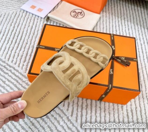 Hot Style Hermes Extra Suede Chain Flat Slide Sandals Light Beige 0123100