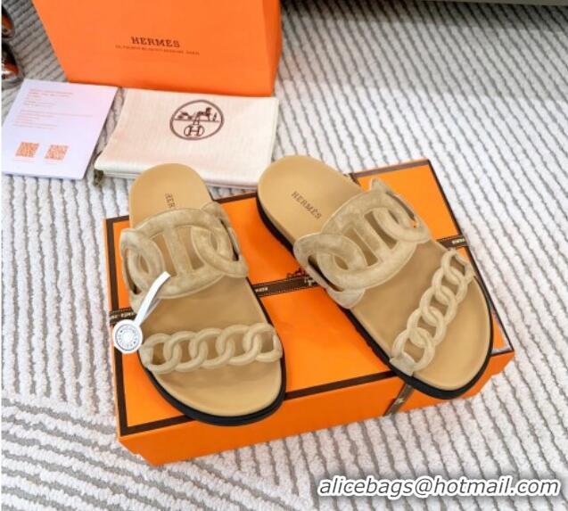 Hot Style Hermes Extra Suede Chain Flat Slide Sandals Light Beige 0123100