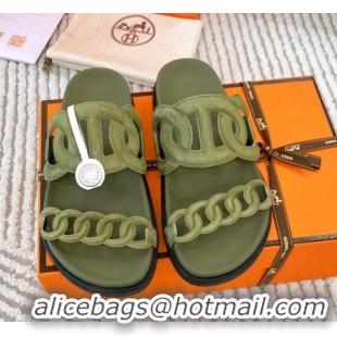 Charming Hermes Extra Suede Chain Flat Slide Sandals Green 0123101