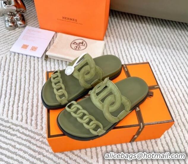 Charming Hermes Extra Suede Chain Flat Slide Sandals Green 0123101