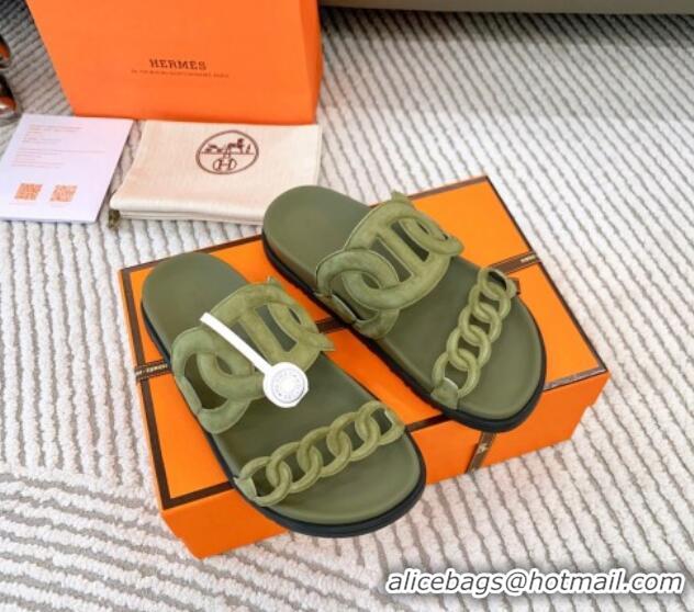 Charming Hermes Extra Suede Chain Flat Slide Sandals Green 0123101