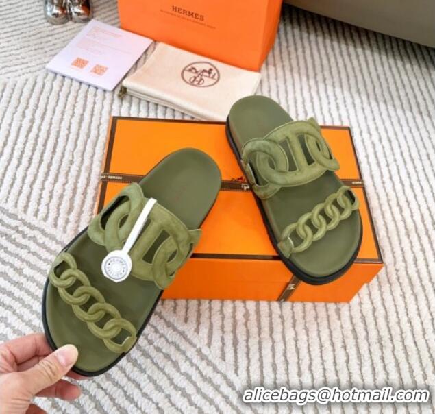 Charming Hermes Extra Suede Chain Flat Slide Sandals Green 0123101