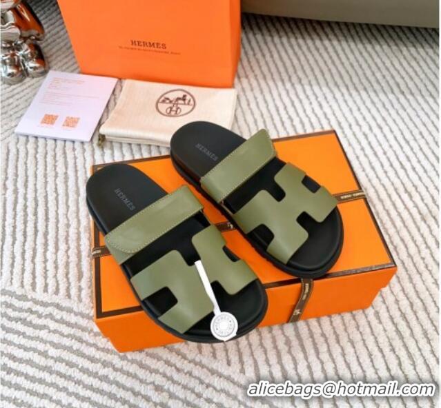 Top Design Hermes Chypre Flat Sandals in Smooth Calfskin Green 123102