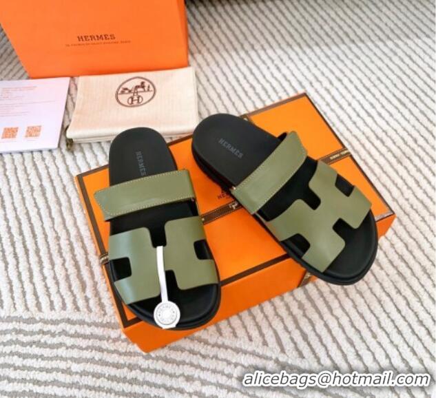 Top Design Hermes Chypre Flat Sandals in Smooth Calfskin Green 123102