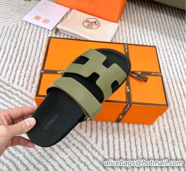 Top Design Hermes Chypre Flat Sandals in Smooth Calfskin Green 123102