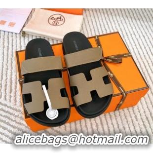 Popular Style Hermes Chypre Flat Sandals in Grained Calfskin Khaki 0123103