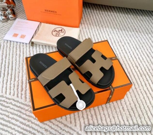 Popular Style Hermes Chypre Flat Sandals in Grained Calfskin Khaki 0123103