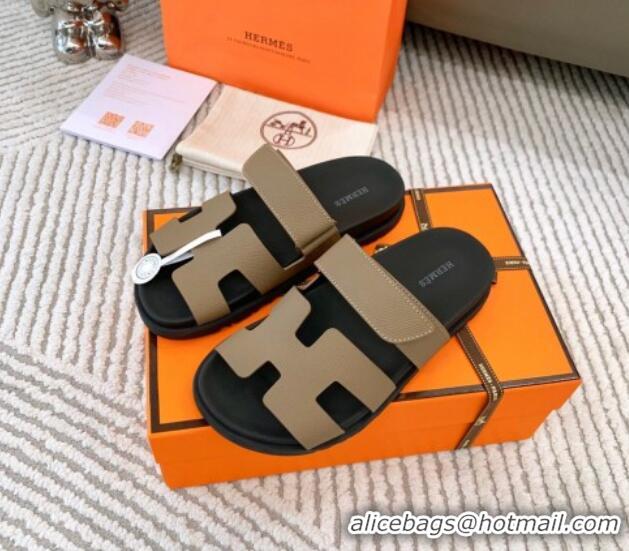 Popular Style Hermes Chypre Flat Sandals in Grained Calfskin Khaki 0123103