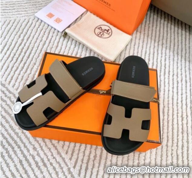 Popular Style Hermes Chypre Flat Sandals in Grained Calfskin Khaki 0123103