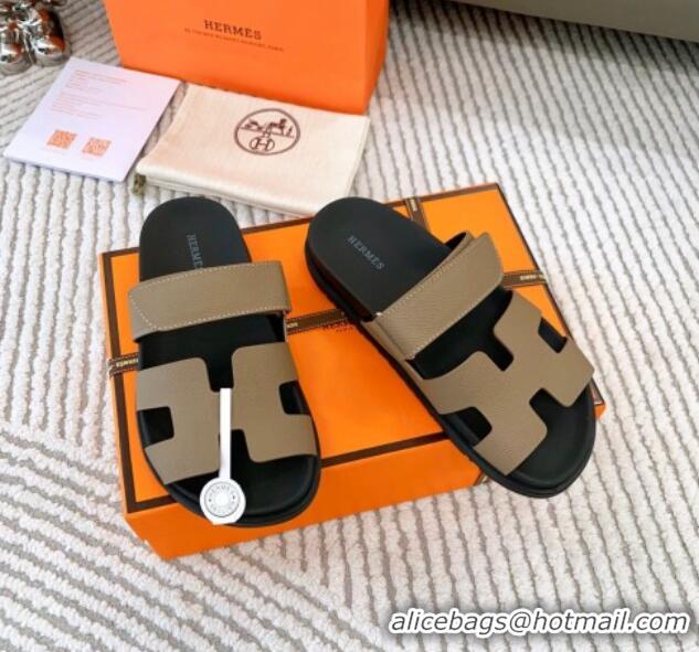 Popular Style Hermes Chypre Flat Sandals in Grained Calfskin Khaki 0123103