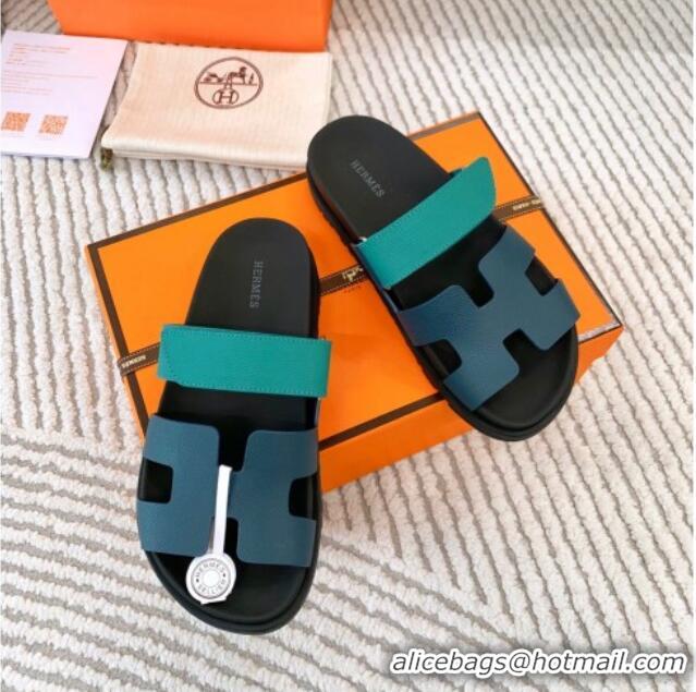 Good Product Hermes Chypre Flat Sandals in Grained Calfskin Blue/Green 123104