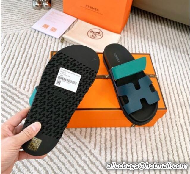 Good Product Hermes Chypre Flat Sandals in Grained Calfskin Blue/Green 123104