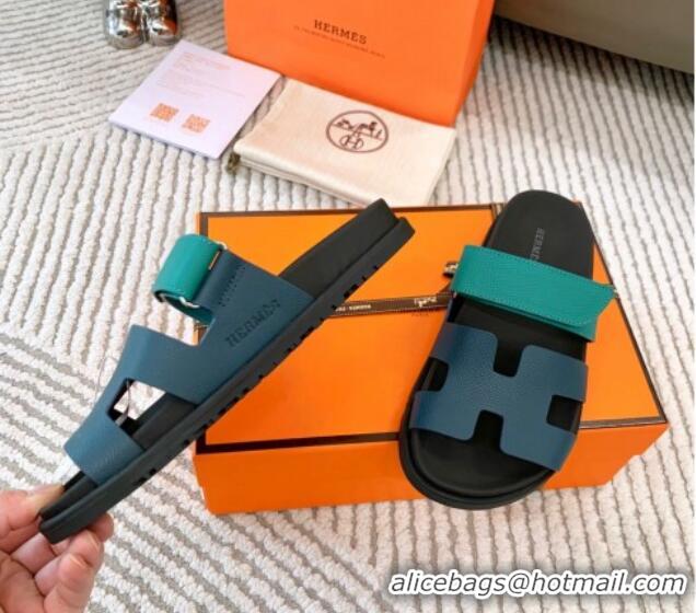 Good Product Hermes Chypre Flat Sandals in Grained Calfskin Blue/Green 123104