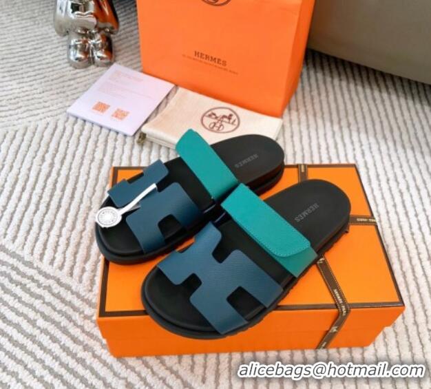 Good Product Hermes Chypre Flat Sandals in Grained Calfskin Blue/Green 123104