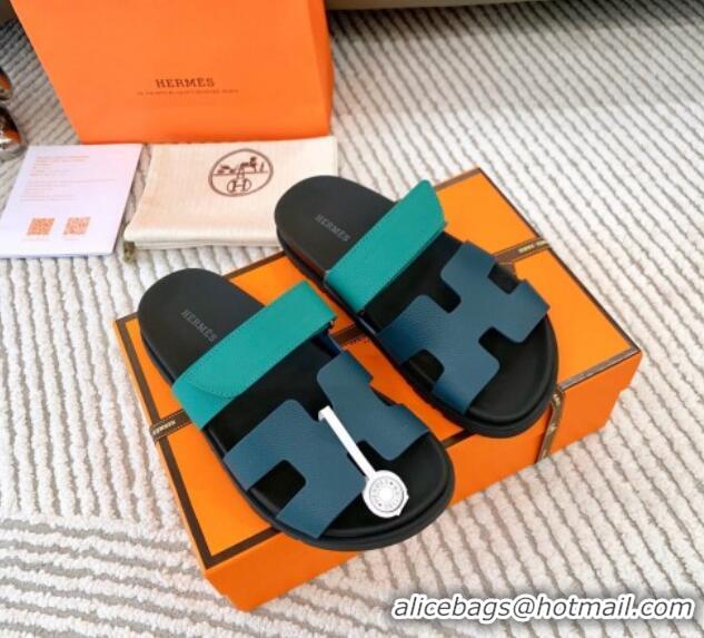 Good Product Hermes Chypre Flat Sandals in Grained Calfskin Blue/Green 123104