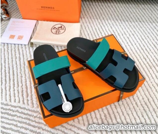 Good Product Hermes Chypre Flat Sandals in Grained Calfskin Blue/Green 123104