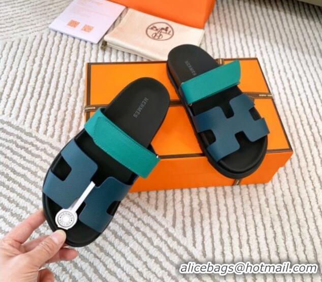 Good Product Hermes Chypre Flat Sandals in Grained Calfskin Blue/Green 123104