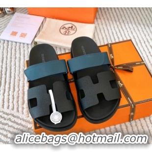 Popular Style Hermes Chypre Flat Sandals in Grained Calfskin Black/Blue 0123105