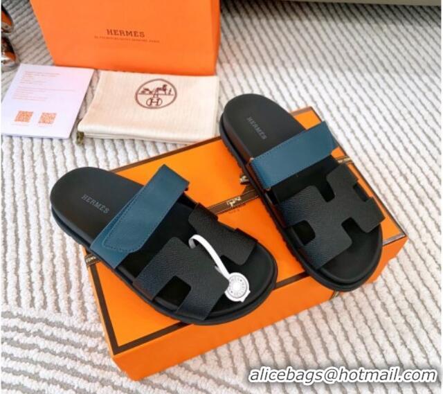 Popular Style Hermes Chypre Flat Sandals in Grained Calfskin Black/Blue 0123105