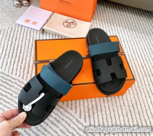 Popular Style Hermes Chypre Flat Sandals in Grained Calfskin Black/Blue 0123105