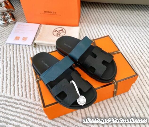 Popular Style Hermes Chypre Flat Sandals in Grained Calfskin Black/Blue 0123105