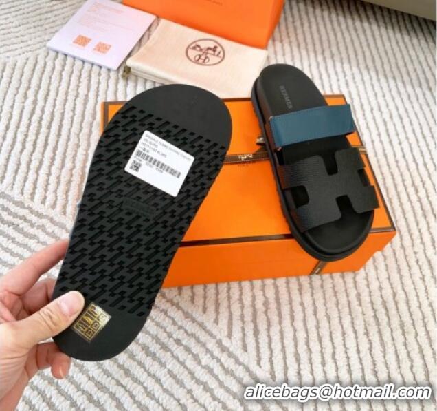 Popular Style Hermes Chypre Flat Sandals in Grained Calfskin Black/Blue 0123105