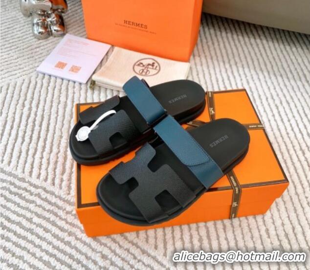 Popular Style Hermes Chypre Flat Sandals in Grained Calfskin Black/Blue 0123105