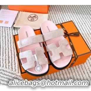 Lower Price Hermes Chypre Flat Sandals in Suede Light Pink 123106