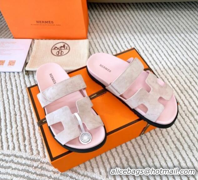 Lower Price Hermes Chypre Flat Sandals in Suede Light Pink 123106