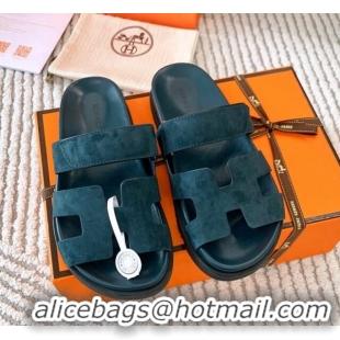 Super Quality Hermes Chypre Flat Sandals in Suede Peacock Green 123107