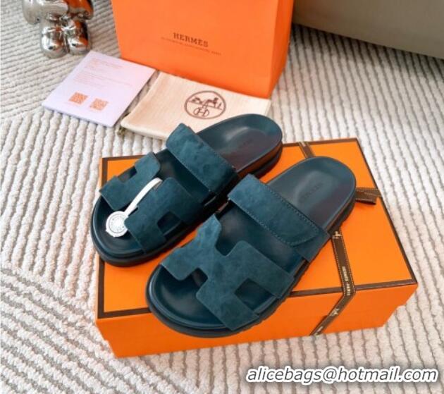 Super Quality Hermes Chypre Flat Sandals in Suede Peacock Green 123107