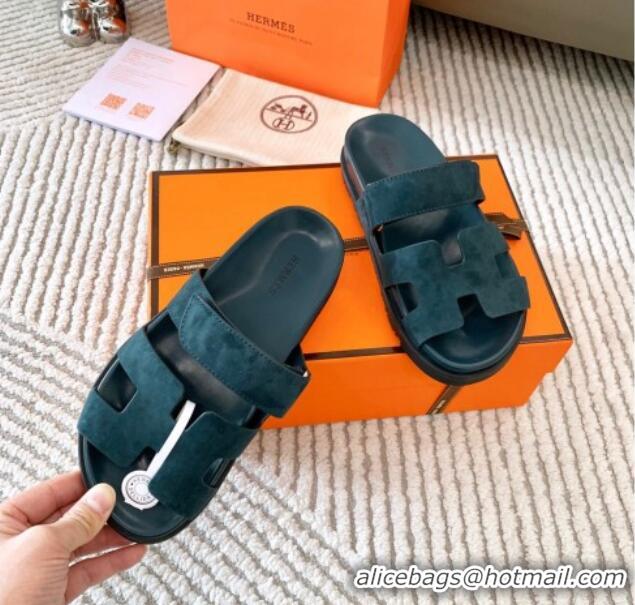 Super Quality Hermes Chypre Flat Sandals in Suede Peacock Green 123107