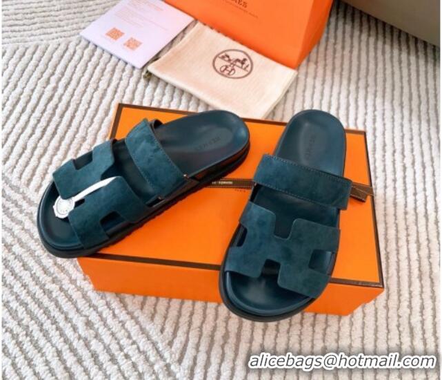 Super Quality Hermes Chypre Flat Sandals in Suede Peacock Green 123107