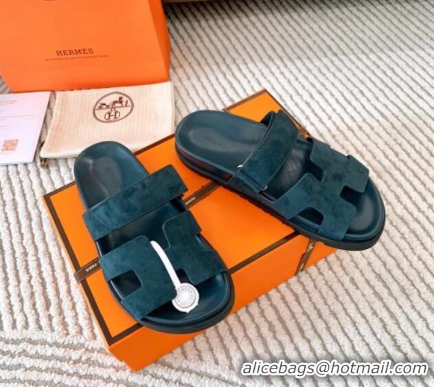 Super Quality Hermes Chypre Flat Sandals in Suede Peacock Green 123107