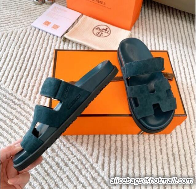 Super Quality Hermes Chypre Flat Sandals in Suede Peacock Green 123107